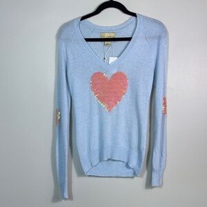 Wildfox Light Blue V-Neck Sweater with Pink Sequin Heart Motif